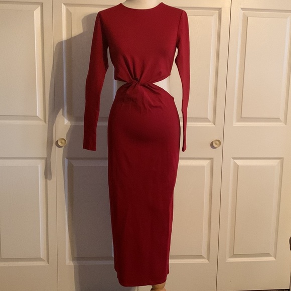 LPA Red Cutout Long Sleeves Midi Dress Size S - Picture 4 of 9